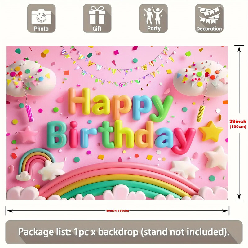 Élénk szivárványfelhő születésnapi háttér – poliészter party dekoráció, tökéletes tortákhoz és szobaháttérekhez