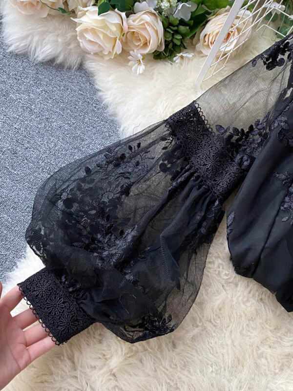 EWQ nyári fényvédő alkalmi ing női csipkével hímzett állvány gallér lámpás ujjak egysoros felsők 2024 új 27C442