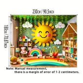 Lenyűgöző napsütéses és szivárványos fényképes háttér - "Poliészter banner felhőkkel és zölddel.