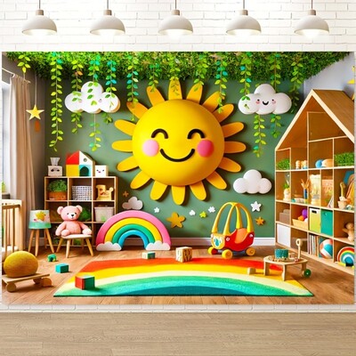 Lenyűgöző napsütéses és szivárványos fényképes háttér - "Poliészter banner felhőkkel és zölddel.