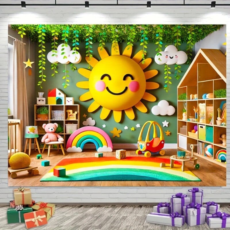 Lenyűgöző napsütéses és szivárványos fényképes háttér - "Poliészter banner felhőkkel és zölddel.