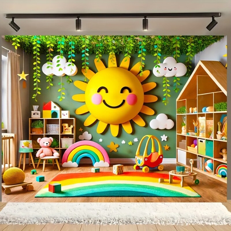 Lenyűgöző napsütéses és szivárványos fényképes háttér - "Poliészter banner felhőkkel és zölddel.