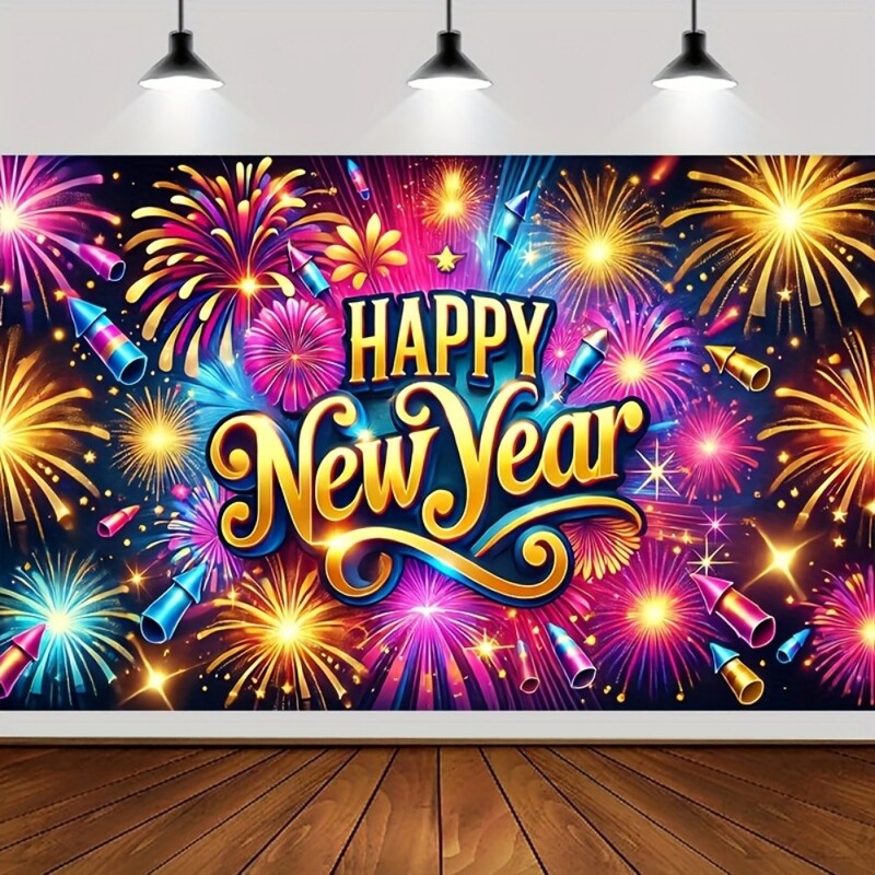 Πανό Ευτυχισμένο το Νέο Έτος με χρωματιστά πυροτεχνήματα, πολυεστέρα, δεν χρειάζεται ρεύμα - ιδανικό για γιορτινή διακόσμηση και φωτογραφία