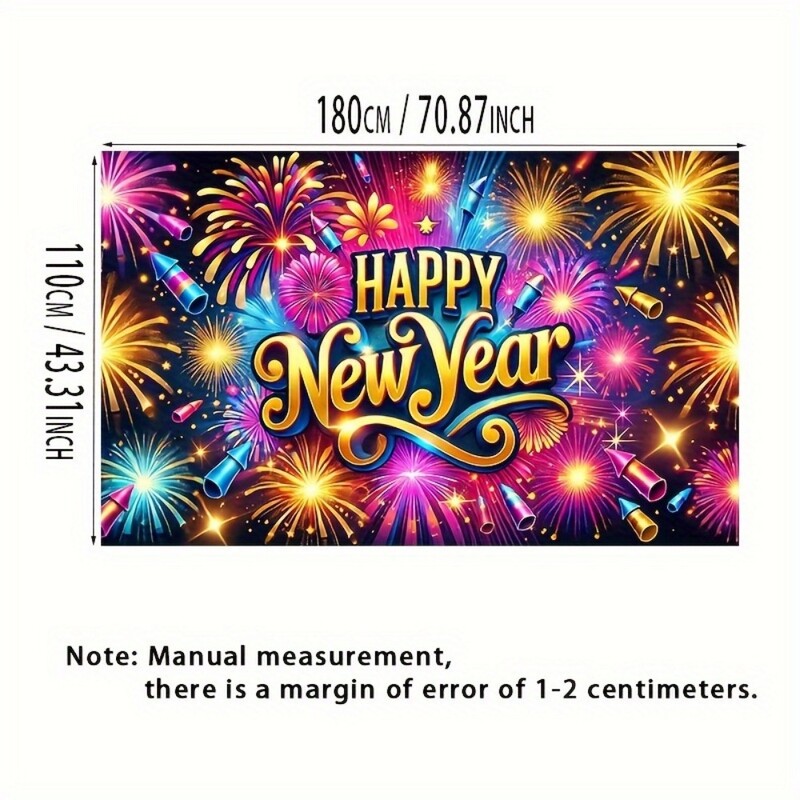 Πανό Ευτυχισμένο το Νέο Έτος με χρωματιστά πυροτεχνήματα, πολυεστέρα, δεν χρειάζεται ρεύμα - ιδανικό για γιορτινή διακόσμηση και φωτογραφία