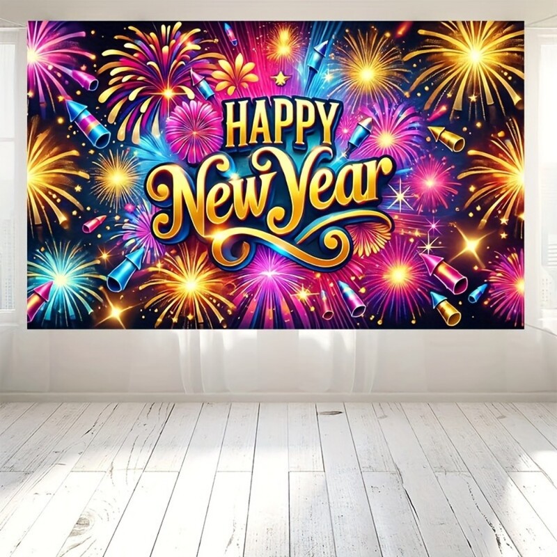 Πανό Ευτυχισμένο το Νέο Έτος με χρωματιστά πυροτεχνήματα, πολυεστέρα, δεν χρειάζεται ρεύμα - ιδανικό για γιορτινή διακόσμηση και φωτογραφία