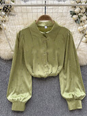 SINGREINY őszi, szüreti ing 2023 divatos, lámpás ujjú, bő, gyöngyös dizájn felső női hajtóka Utcai viselet Gyémánt blúz