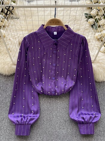 SINGREINY Autumn Senior Vintage Shirt 2023 Fashion Lantern Sleeve Loose Beading Design Top Women Rever Streetwear Diamons Blouse