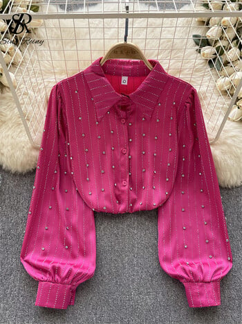 SINGREINY Autumn Senior Vintage Shirt 2023 Fashion Lantern Sleeve Loose Beading Design Top Women Rever Streetwear Diamons Blouse