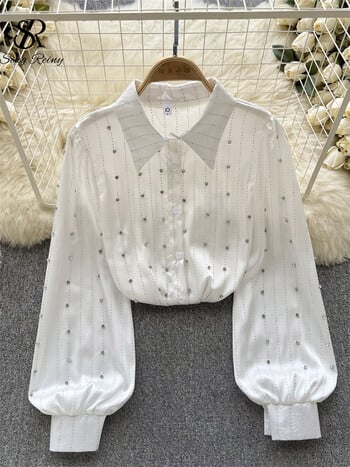 SINGREINY Autumn Senior Vintage Shirt 2023 Fashion Lantern Sleeve Loose Beading Design Top Women Rever Streetwear Diamons Blouse