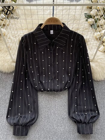 SINGREINY Autumn Senior Vintage Shirt 2023 Fashion Lantern Sleeve Loose Beading Design Top Women Rever Streetwear Diamons Blouse