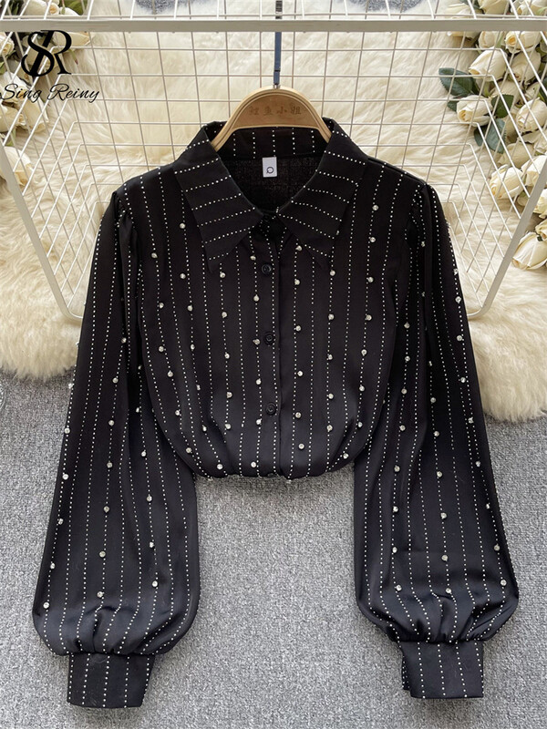 SINGREINY őszi, szüreti ing 2023 divatos, lámpás ujjú, bő, gyöngyös dizájn felső női hajtóka Utcai viselet Gyémánt blúz