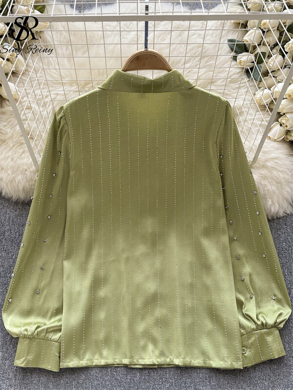 SINGREINY őszi, szüreti ing 2023 divatos, lámpás ujjú, bő, gyöngyös dizájn felső női hajtóka Utcai viselet Gyémánt blúz