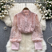 Francia elegáns női blúz, álló, hímzett géz, felfújt ujjú irodai hölgy Blusas Mujer, üreges, tömör Camisas tavaszi csepphajó