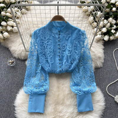 Francia elegáns női blúz, álló, hímzett géz, felfújt ujjú irodai hölgy Blusas Mujer, üreges, tömör Camisas tavaszi csepphajó