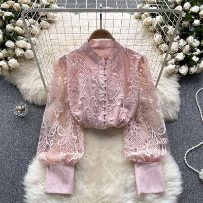 Francia elegáns női blúz, álló, hímzett géz, felfújt ujjú irodai hölgy Blusas Mujer, üreges, tömör Camisas tavaszi csepphajó