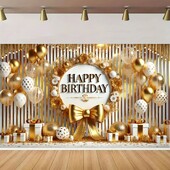Happy Birthday Banner - Arany ballon és masnis transzparens, poliészter, tökéletes party dekorációhoz, fotó kellékekhez és ünnepségekhez
