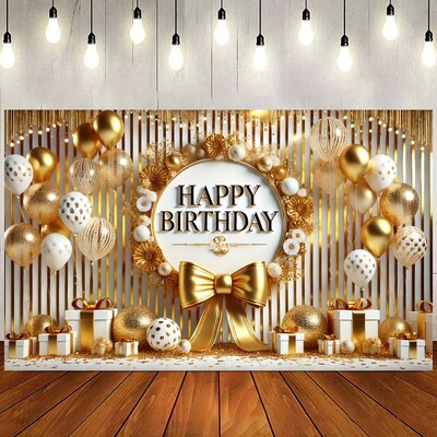 Happy Birthday Banner - Arany ballon és masnis transzparens, poliészter, tökéletes party dekorációhoz, fotó kellékekhez és ünnepségekhez