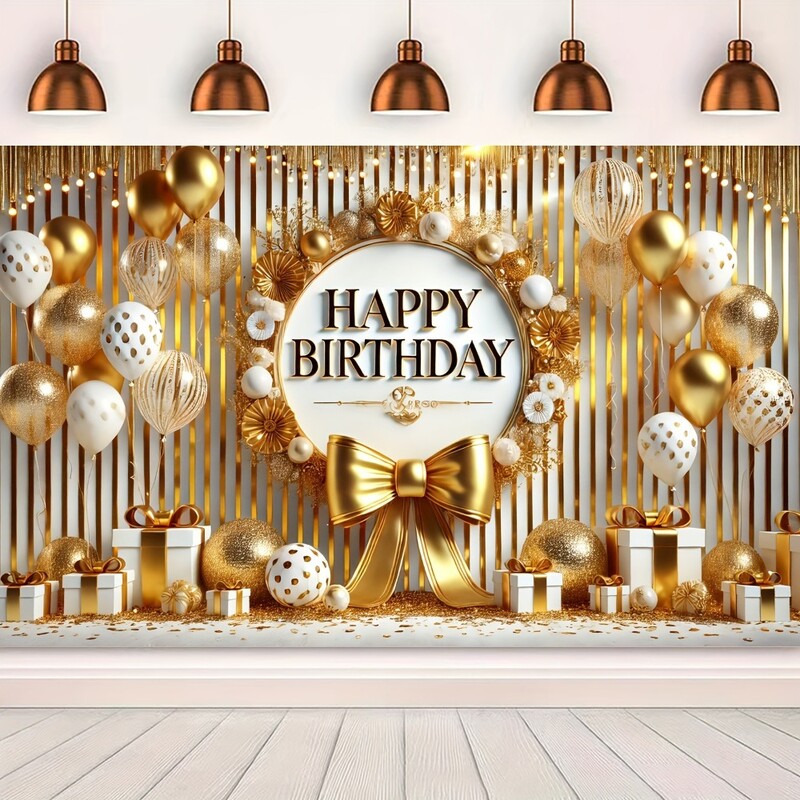 Happy Birthday Banner - Arany ballon és masnis transzparens, poliészter, tökéletes party dekorációhoz, fotó kellékekhez és ünnepségekhez