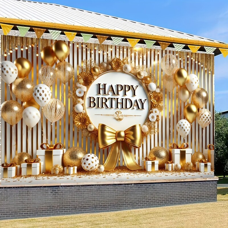 Happy Birthday Banner - Arany ballon és masnis transzparens, poliészter, tökéletes party dekorációhoz, fotó kellékekhez és ünnepségekhez