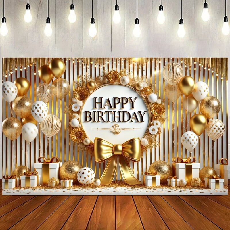 Happy Birthday Banner - Arany ballon és masnis transzparens, poliészter, tökéletes party dekorációhoz, fotó kellékekhez és ünnepségekhez