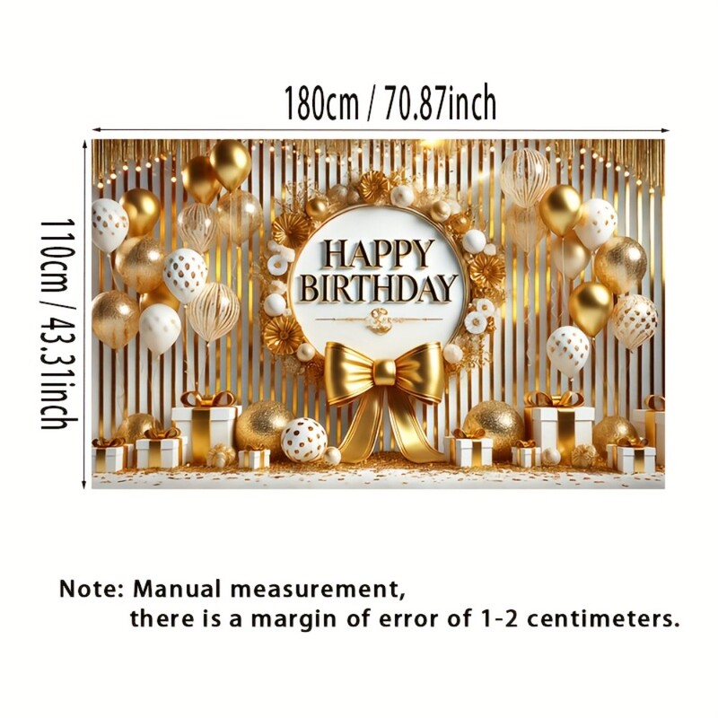 Happy Birthday Banner - Arany ballon és masnis transzparens, poliészter, tökéletes party dekorációhoz, fotó kellékekhez és ünnepségekhez