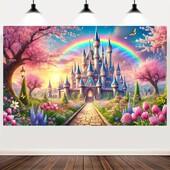 Bájos fantáziavár és szivárványzászló - "Poliészter mese háttér tavaszi kerttervezéssel.