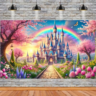Bájos fantáziavár és szivárványzászló - "Poliészter mese háttér tavaszi kerttervezéssel.