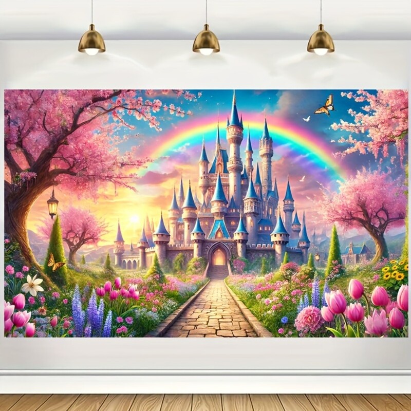 Bájos fantáziavár és szivárványzászló - "Poliészter mese háttér tavaszi kerttervezéssel.
