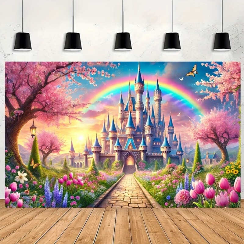 Bájos fantáziavár és szivárványzászló - "Poliészter mese háttér tavaszi kerttervezéssel.