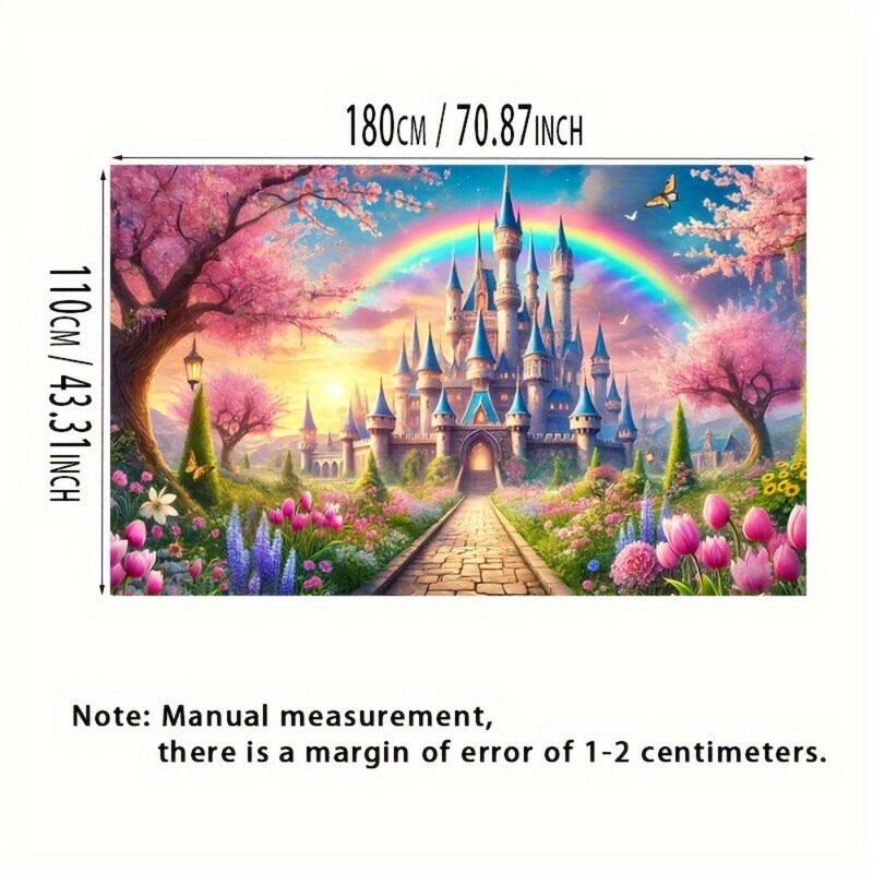 Bájos fantáziavár és szivárványzászló - "Poliészter mese háttér tavaszi kerttervezéssel.