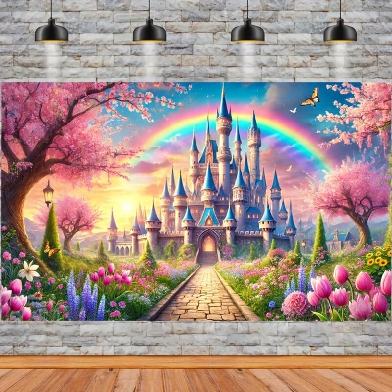 Bájos fantáziavár és szivárványzászló - "Poliészter mese háttér tavaszi kerttervezéssel.