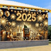 Hatalmas 2025-ös újévi bannerek, poliészter, pezsgő és tűzijáték minták, ünnepségek és fotózás áram nélkül