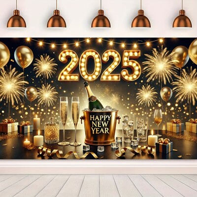 Hatalmas 2025-ös újévi bannerek, poliészter, pezsgő és tűzijáték minták, ünnepségek és fotózás áram nélkül