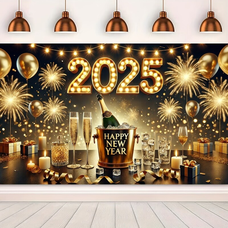 Hatalmas 2025-ös újévi bannerek, poliészter, pezsgő és tűzijáték minták, ünnepségek és fotózás áram nélkül