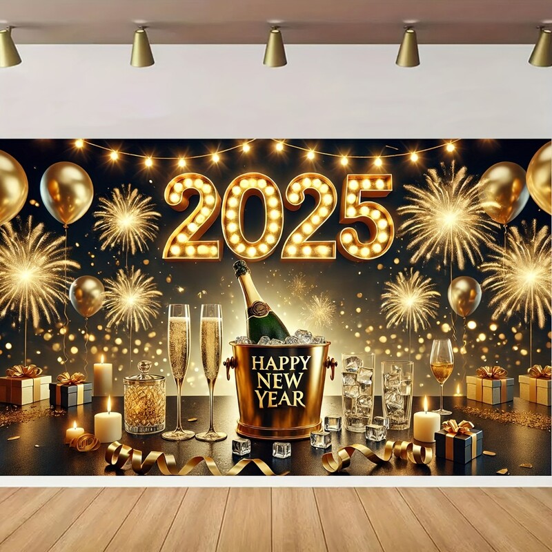 Hatalmas 2025-ös újévi bannerek, poliészter, pezsgő és tűzijáték minták, ünnepségek és fotózás áram nélkül