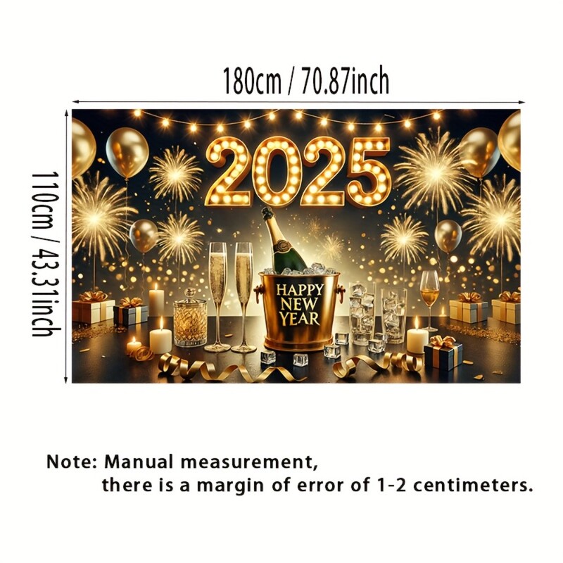Hatalmas 2025-ös újévi bannerek, poliészter, pezsgő és tűzijáték minták, ünnepségek és fotózás áram nélkül