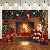 1 db poliészter karácsonyi kandalló fotóháttér vintage karácsonyfával és harisnyával - party dekoráció, fotóstúdió