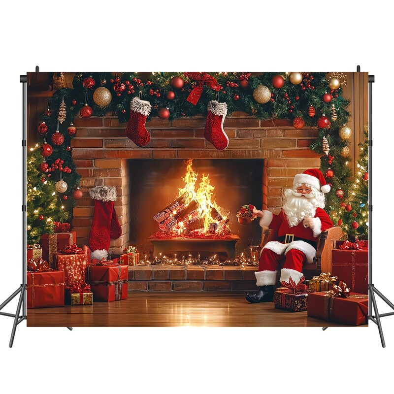 1 db poliészter karácsonyi kandalló fotóháttér vintage karácsonyfával és harisnyával - party dekoráció, fotóstúdió