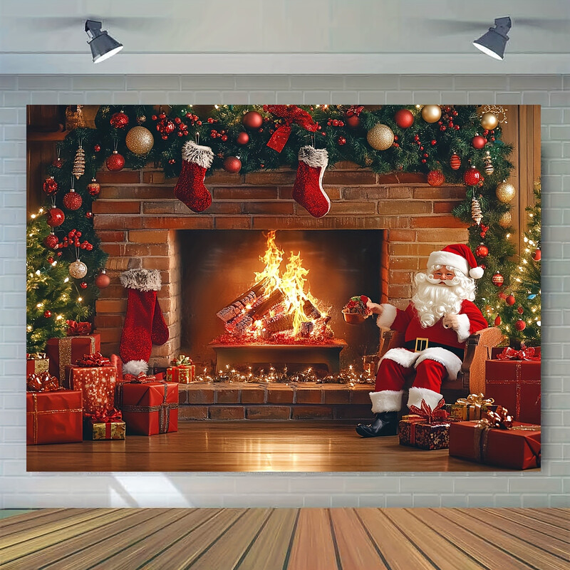 1 db poliészter karácsonyi kandalló fotóháttér vintage karácsonyfával és harisnyával - party dekoráció, fotóstúdió