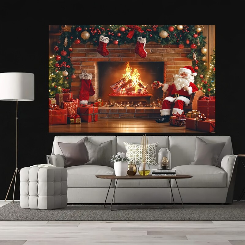 1 db poliészter karácsonyi kandalló fotóháttér vintage karácsonyfával és harisnyával - party dekoráció, fotóstúdió