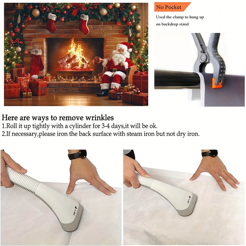 1 db poliészter karácsonyi kandalló fotóháttér vintage karácsonyfával és harisnyával - party dekoráció, fotóstúdió