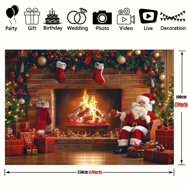 1 db poliészter karácsonyi kandalló fotóháttér vintage karácsonyfával és harisnyával - party dekoráció, fotóstúdió