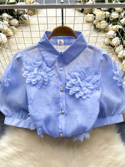 SINGREINY francia stílusú 3D virágos blúz női hajtókás nyakú, rövid ujjú, gyöngyház bő felső 2024-es divatos Hotsweet áttetsző sifon ing