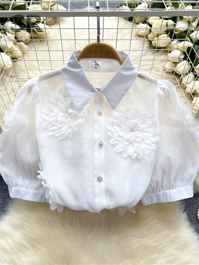 SINGREINY francia stílusú 3D virágos blúz női hajtókás nyakú, rövid ujjú, gyöngyház bő felső 2024-es divatos Hotsweet áttetsző sifon ing