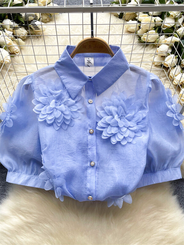 SINGREINY francia stílusú 3D virágos blúz női hajtókás nyakú, rövid ujjú, gyöngyház bő felső 2024-es divatos Hotsweet áttetsző sifon ing