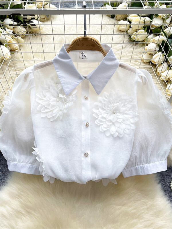 SINGREINY francia stílusú 3D virágos blúz női hajtókás nyakú, rövid ujjú, gyöngyház bő felső 2024-es divatos Hotsweet áttetsző sifon ing