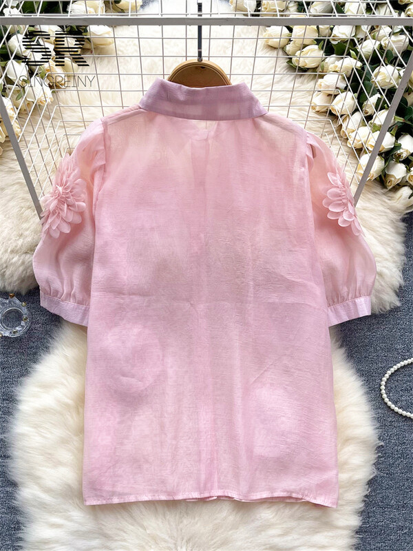 SINGREINY francia stílusú 3D virágos blúz női hajtókás nyakú, rövid ujjú, gyöngyház bő felső 2024-es divatos Hotsweet áttetsző sifon ing