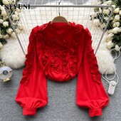 Francia Vintage Fungus Edge Háromdimenziós dekoráció Női blúz ing Lámpás ujjú Egysoros blúzok 2023 tavasz