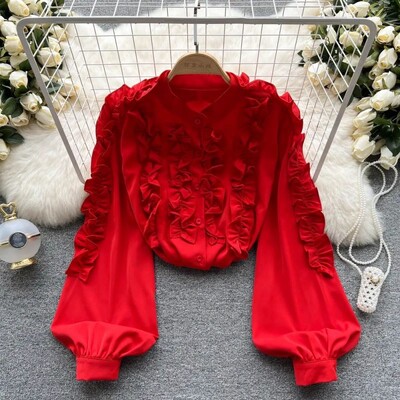 Francia Vintage Fungus Edge Háromdimenziós dekoráció Női blúz ing Lámpás ujjú Egysoros blúzok 2023 tavasz