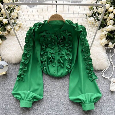 Francia Vintage Fungus Edge Háromdimenziós dekoráció Női blúz ing Lámpás ujjú Egysoros blúzok 2023 tavasz